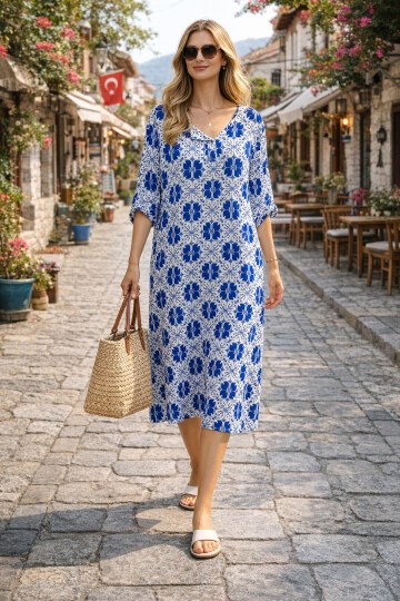 V052 Kadın Kollu Desenli Elbise
