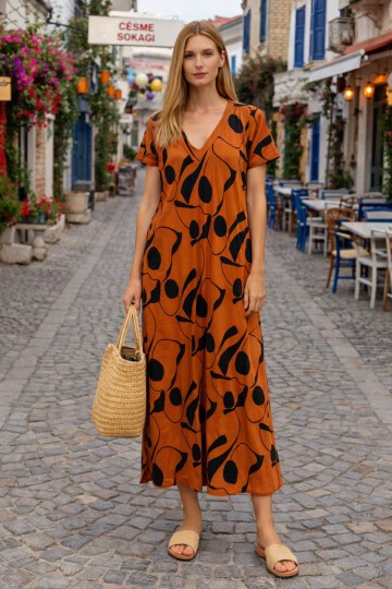 V100 Kadın Kollu V Yaka Elbise 