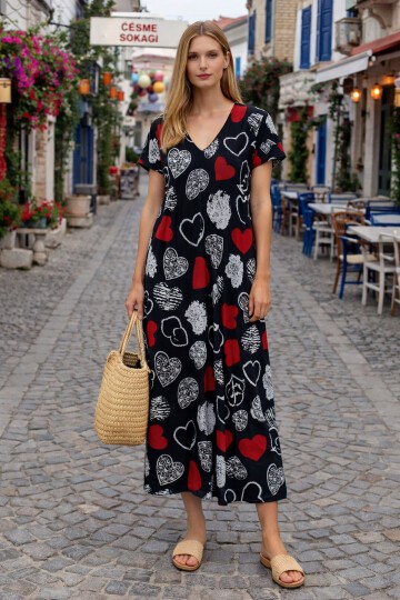 V100 Kadın Kollu V Yaka Elbise 