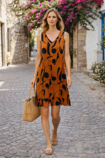 V103 Kadın Askılı V Yaka Eteği Fırfırlı Elbise