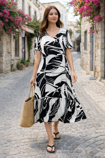 V14 Kadın Kollu Eteği Fırfırlı Elbise