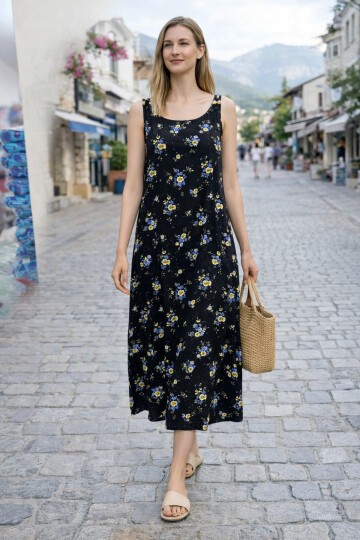 V154 Askılı Omzu Boncuk Detaylı Elbise