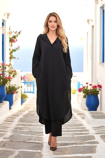 V407 Siyah Keten Gömlek Takım