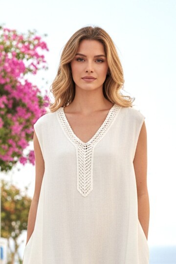 V421 Dantel Detaylı Keten Elbise