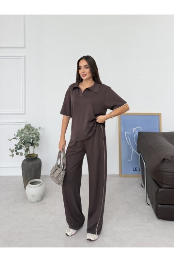 V561 Kahverengi Yakalı Yarım Kol Şeritli Oysho Takım